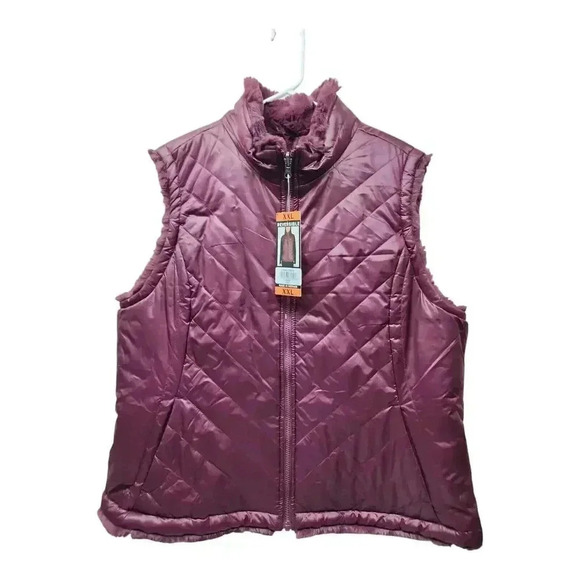 Women's Size XXL Nicole Miller Reversible Quilted Faux Fur Vest Wine Color - Picture 1 of 8